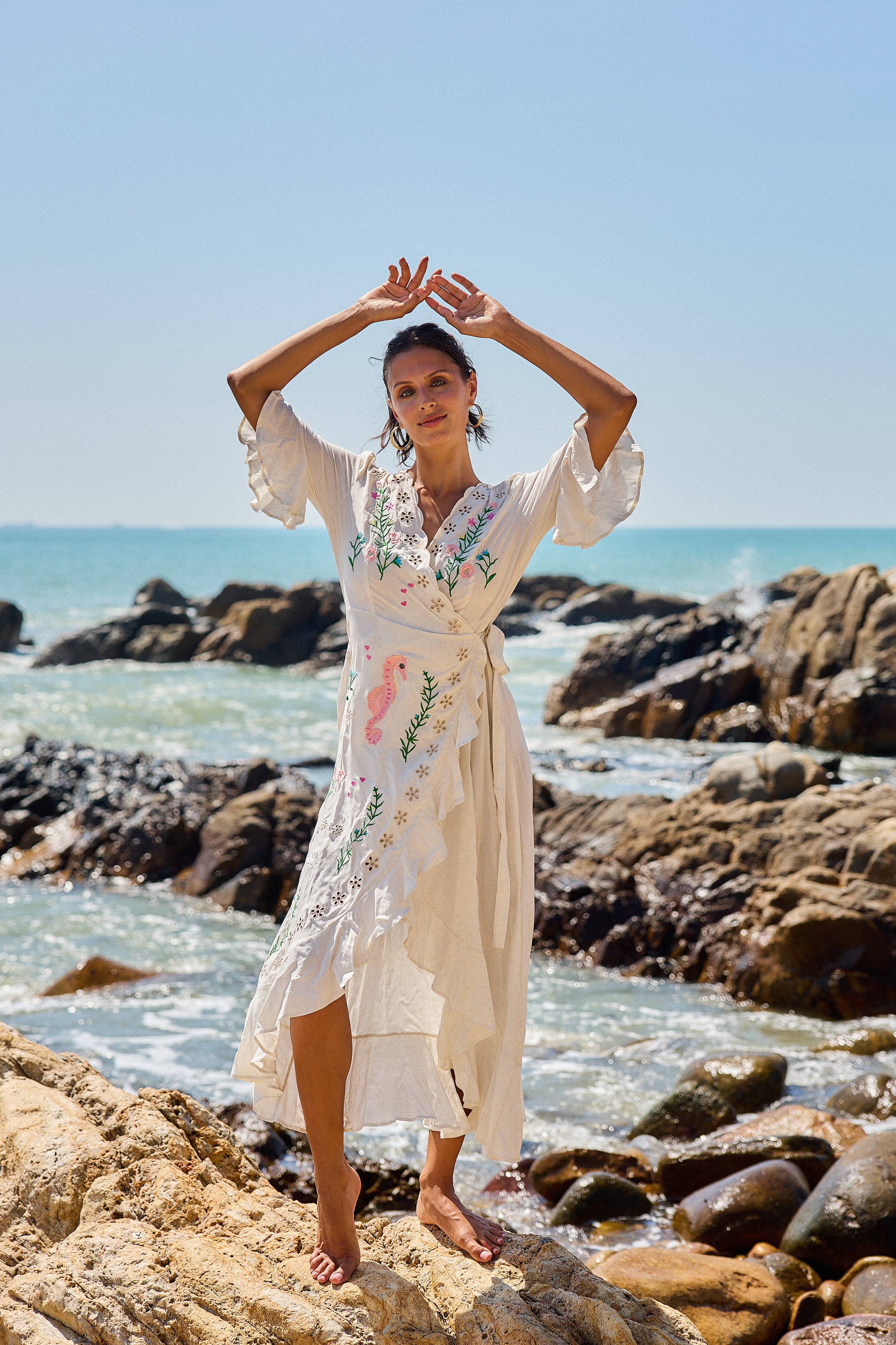 Sea Horse wrap dress with embroidery, V - neck: White / Printed - Monica Luz